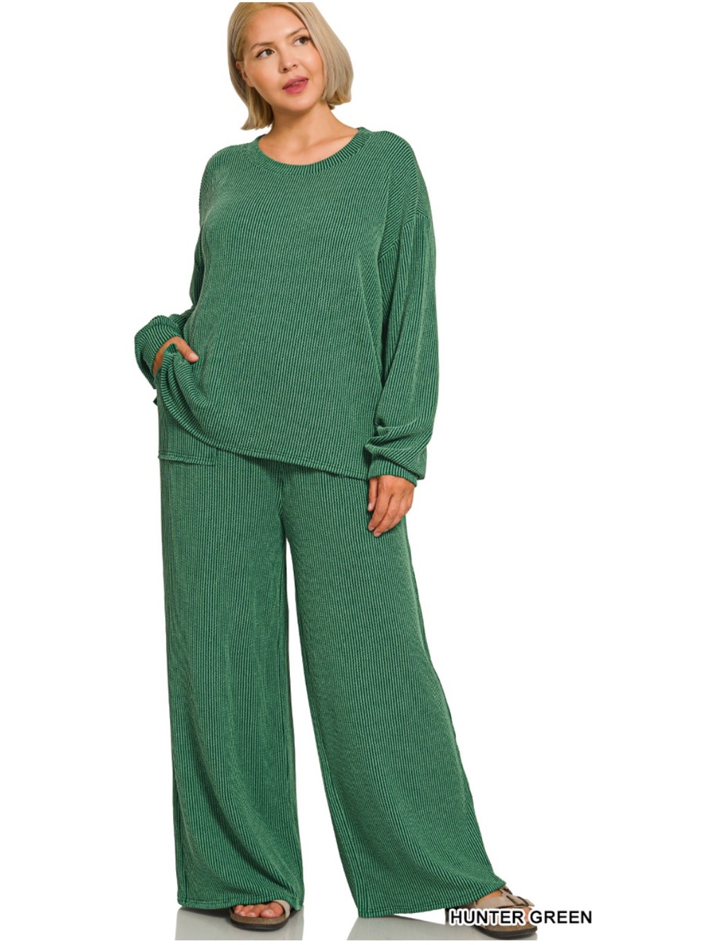 1X - 3X 318 ❤️ ZENANA Hunter green PLUS RAISED RIB PULLOVER & PANTS SET